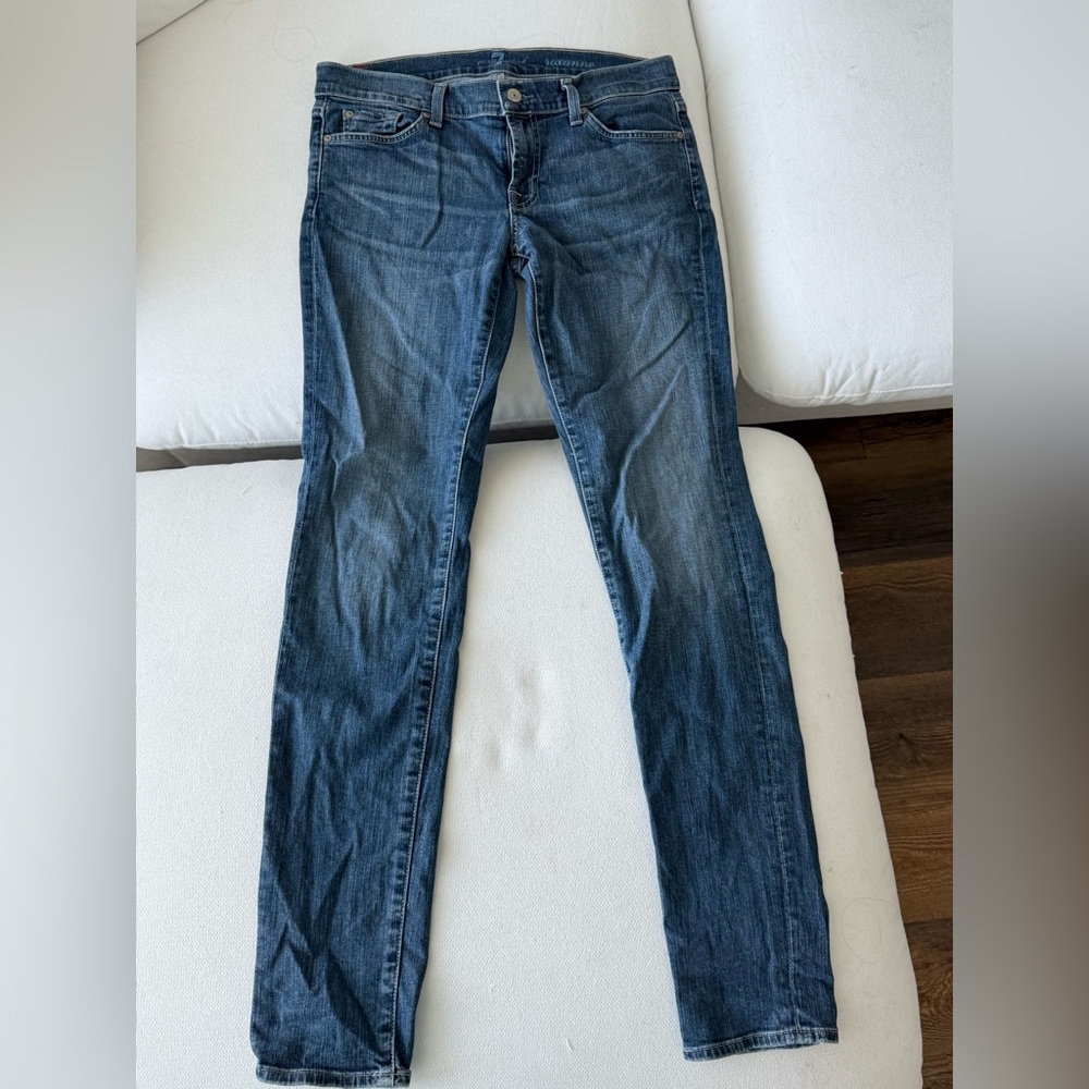 7 For All Mankind Roxanne Blue Skinny Jeans with Rhinestone Detailing Size 30